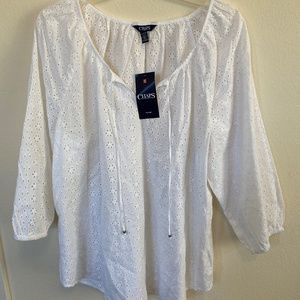 NWT White Chaps Eyelet Blouse Peasant Flowers Boho top shirt